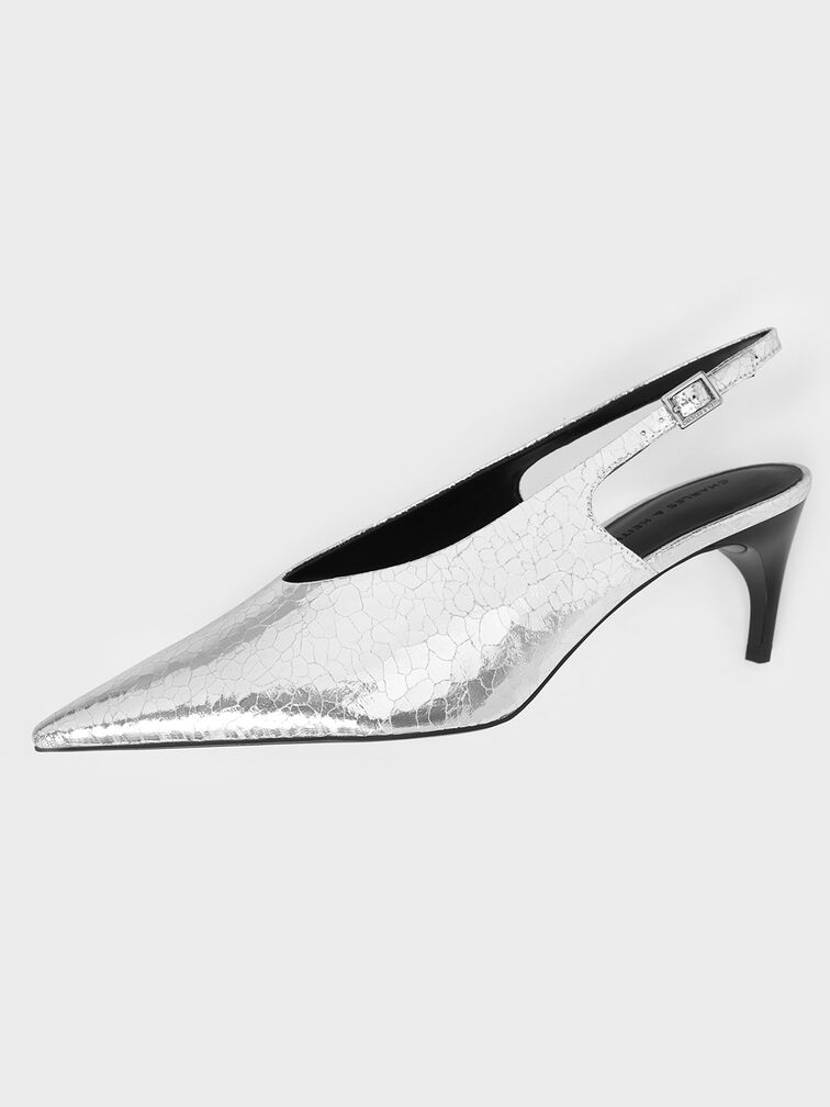 Zapatos destalonados metalizados efecto arrugado con empeine alto, Plateado, hi-res