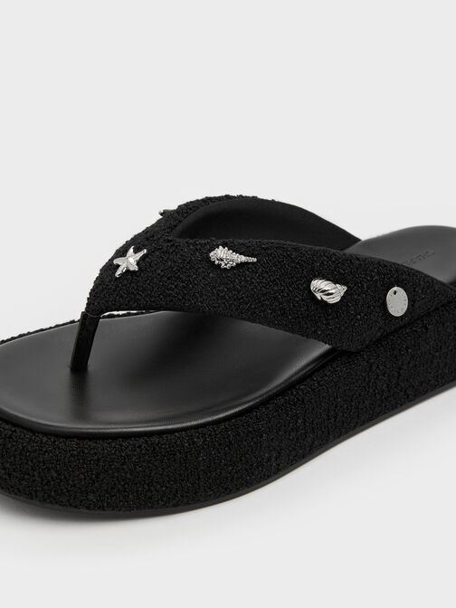 Tweed Beach Flatform Thong Sandals, Black Textured, hi-res