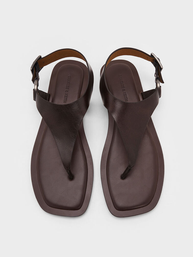 Wide-Strap Buckled Thong Sandals, Brown, hi-res