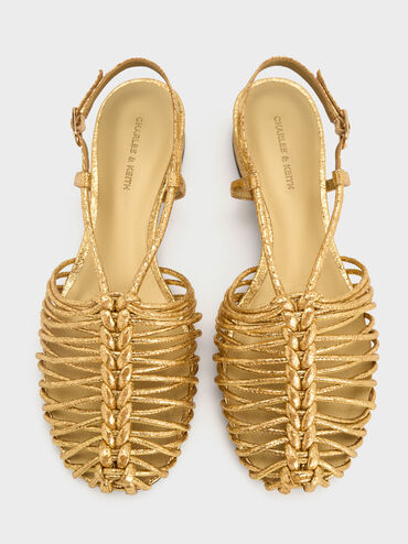 Metallic Woven Slingback Caged Sandals, Dorado, hi-res