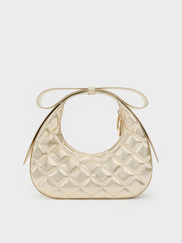 Janie Metallic Quilted Bow-Handle Bag, Champagne, hi-res