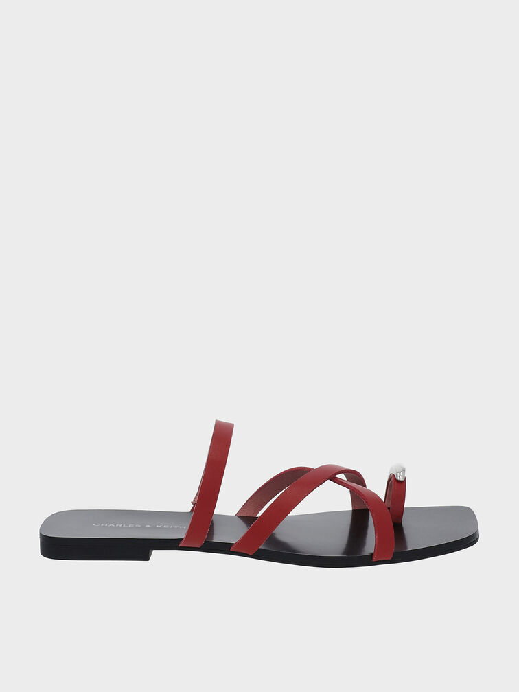 Metallic-Accent Strappy Toe-Ring Sandals, Red, hi-res