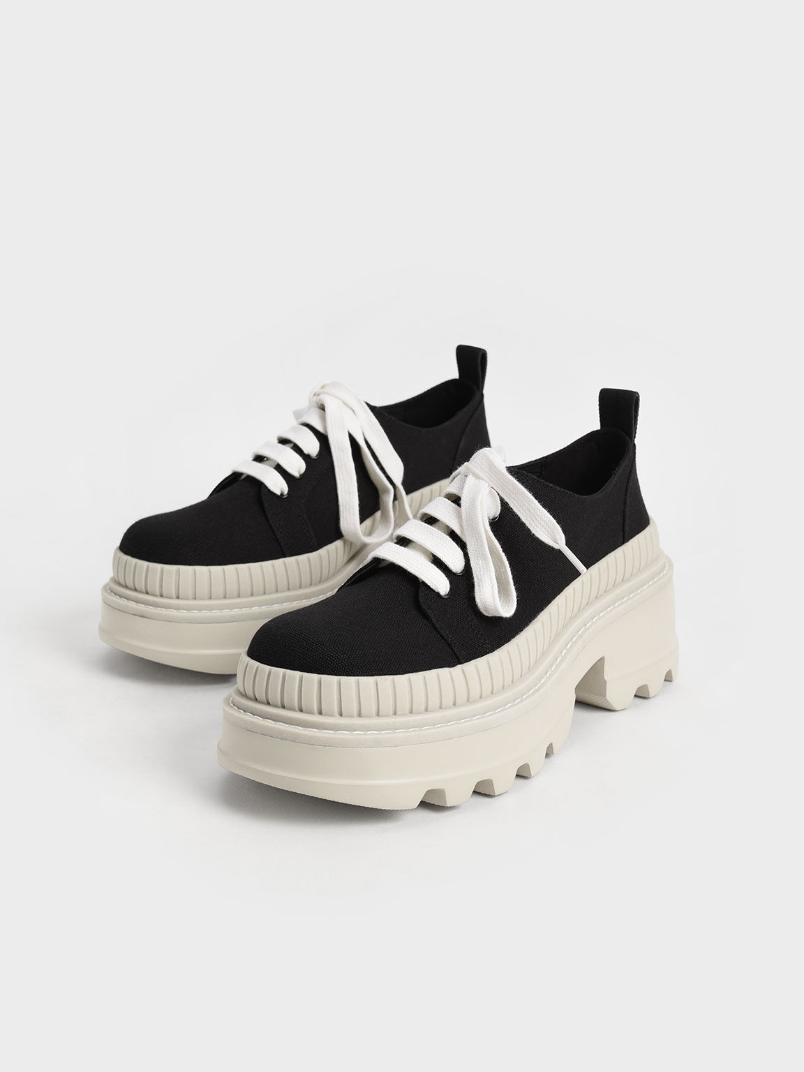 Canvas Low-Top Chunky Sneakers, Black, hi-res
