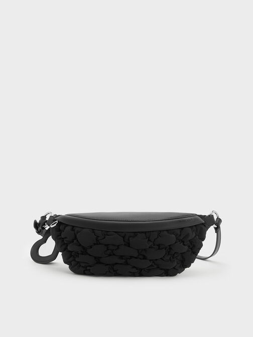 Ruched Nylon Bum Bag, Black, hi-res