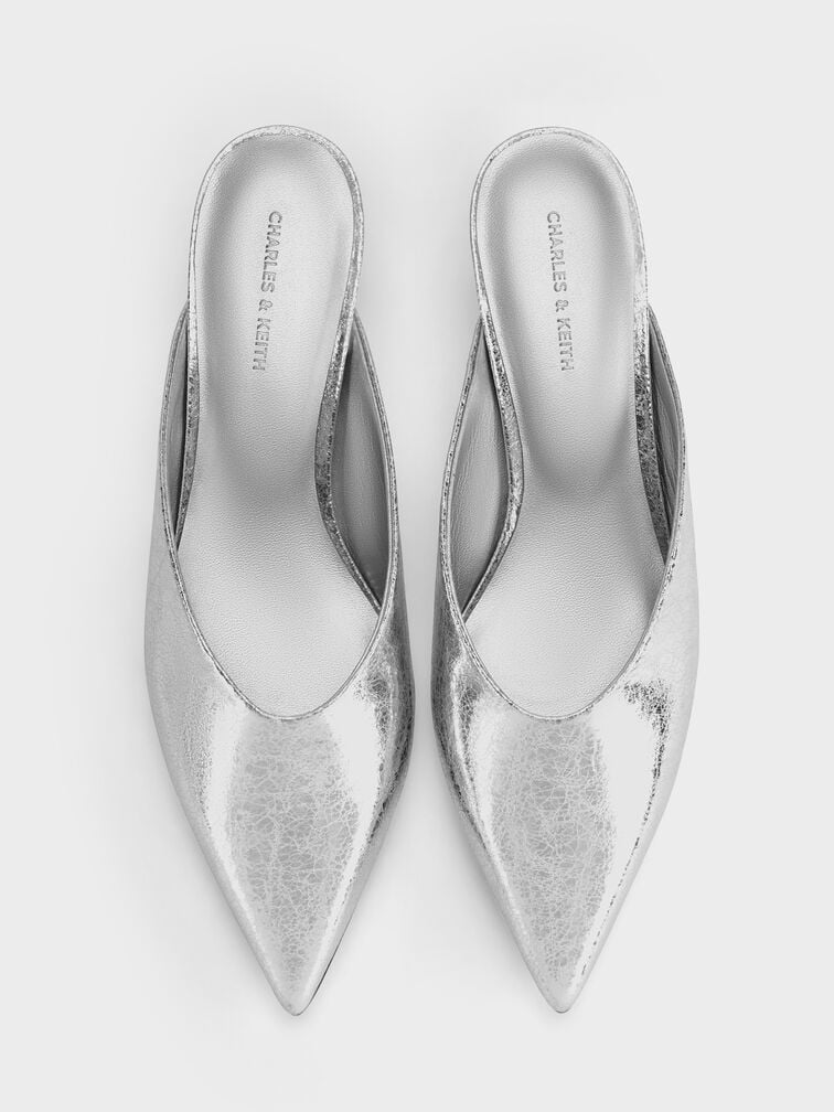 Metallic Crinkle-Effect Speckled-Heel Wedge Mules, Silver, hi-res