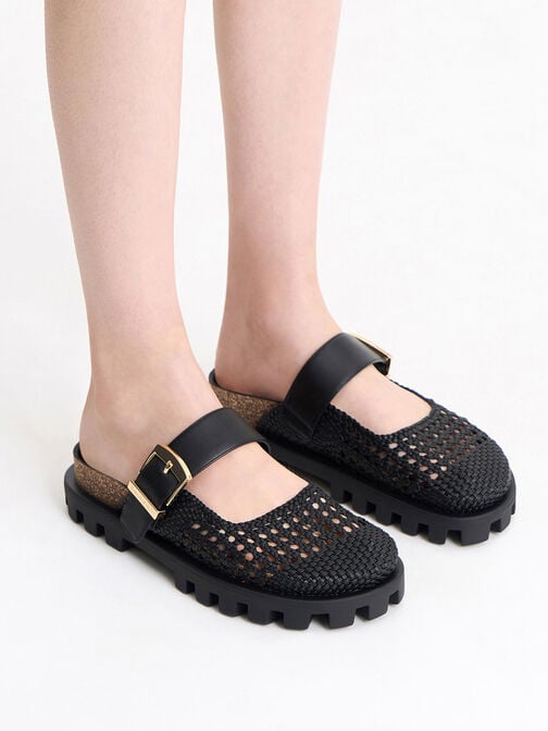 Woven Buckled Flat Mules, Black, hi-res