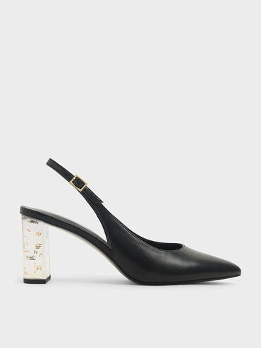 Lucite Heel Slingback Pumps, Black, hi-res