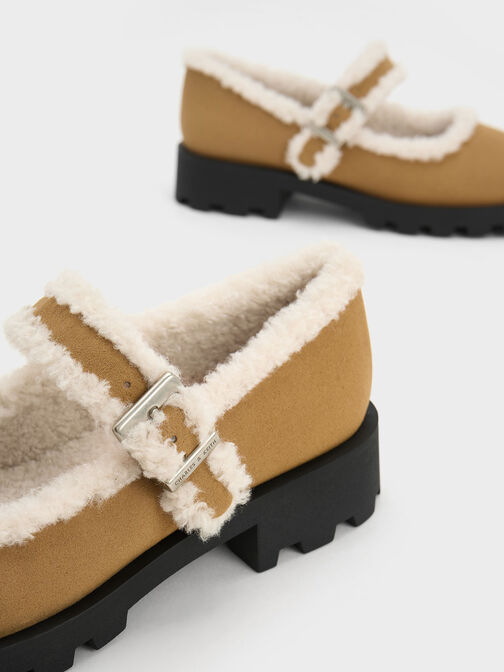 Textured Fur-Trim Buckled Mary Janes, Khaki, hi-res