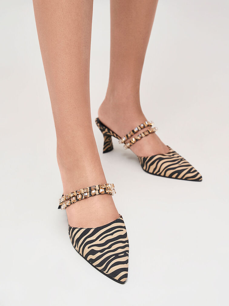 Gem-Embellished Printed Mule Pumps, Multi, hi-res