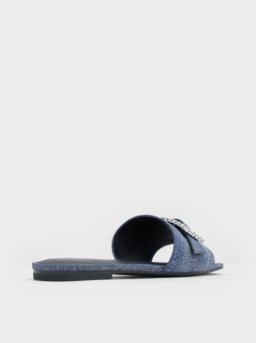 Sandalias abiertas en denim de puntera cuadrada con hebilla adornada con gemas, Azul mezclilla, hi-res