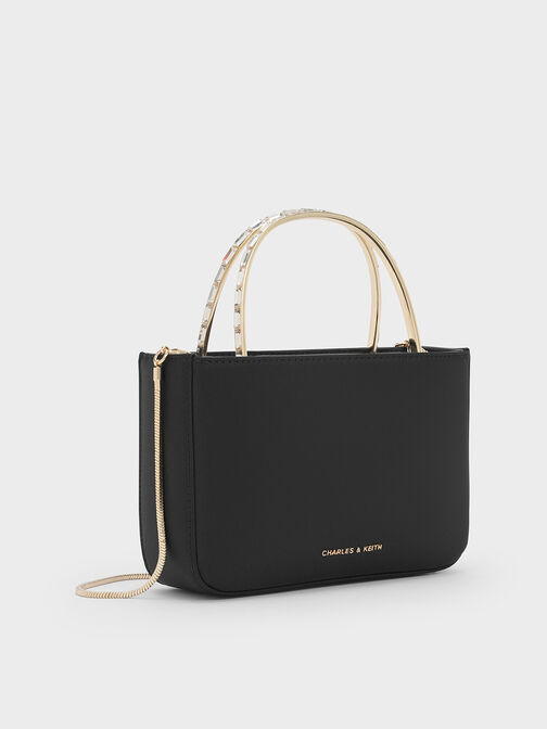 Satin Crystal-Embellished Top Handle Bag, Black, hi-res