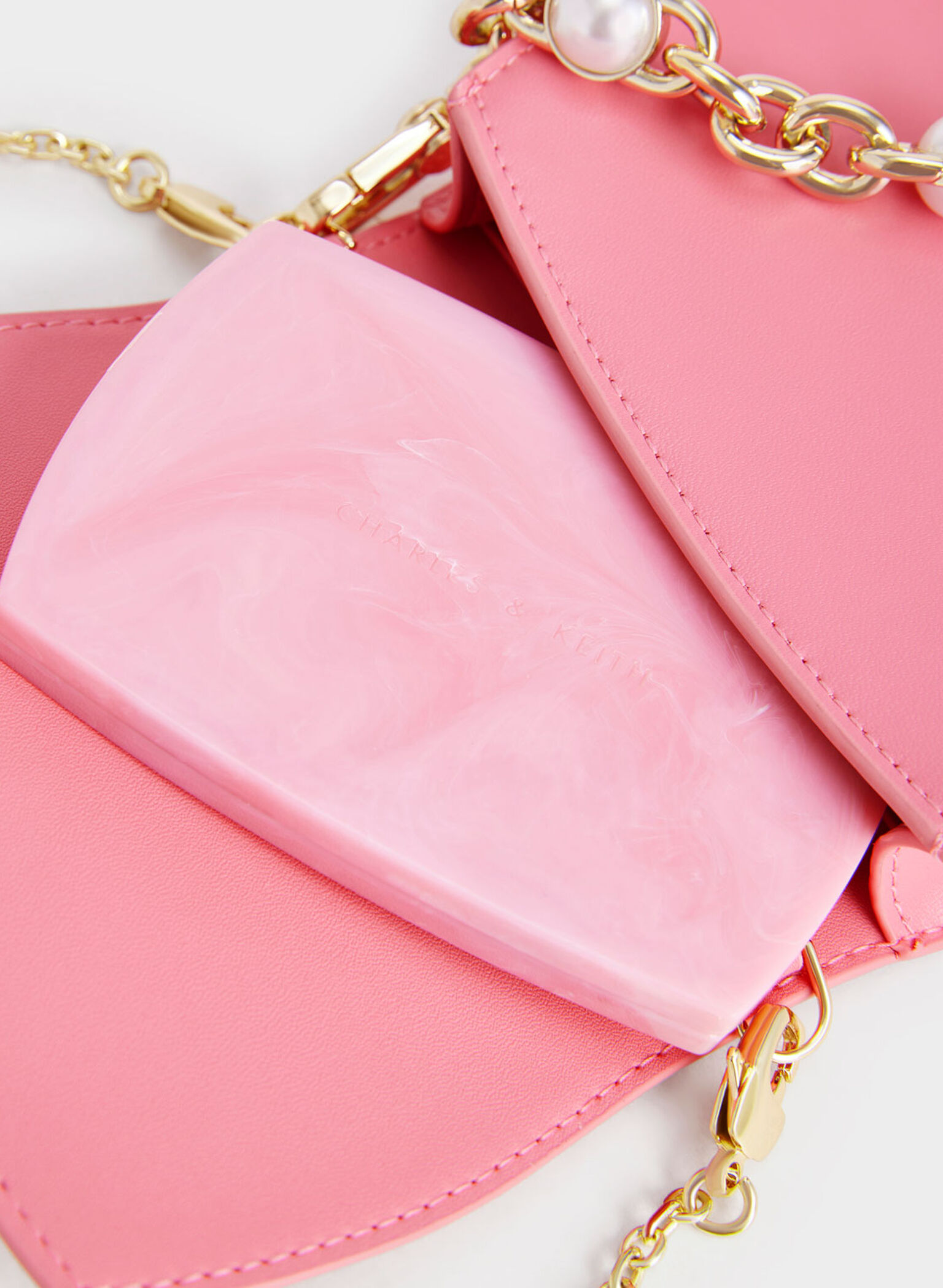 Chain Handle Strawberry-Print Vanity Pouch, Light Pink, hi-res