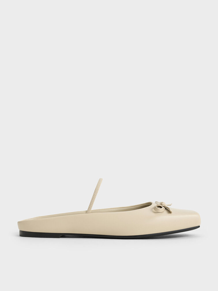 Mules de balé com bico quadrado e laço, Beige, hi-res