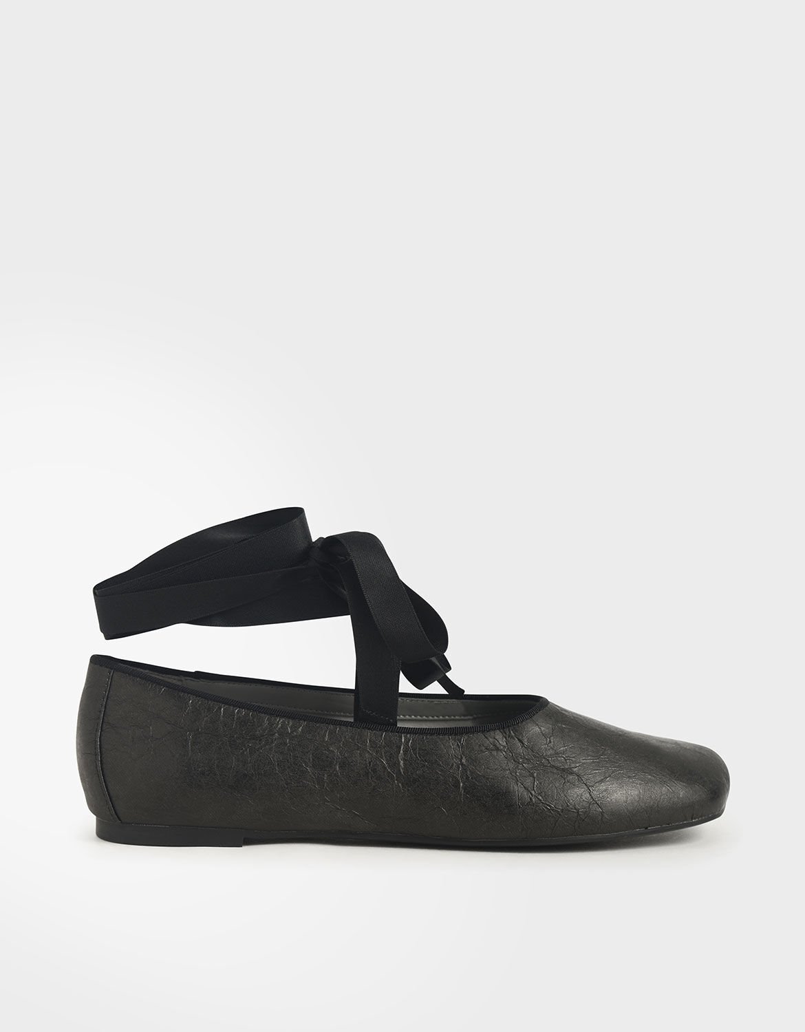 Black Ankle Tie Ballerina Flats 