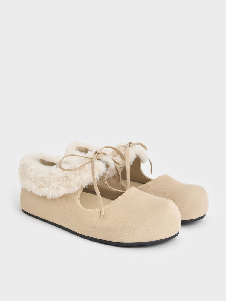 Emila Faux Suede Fur-Trim Mary Jane Flats, Chalk, hi-res