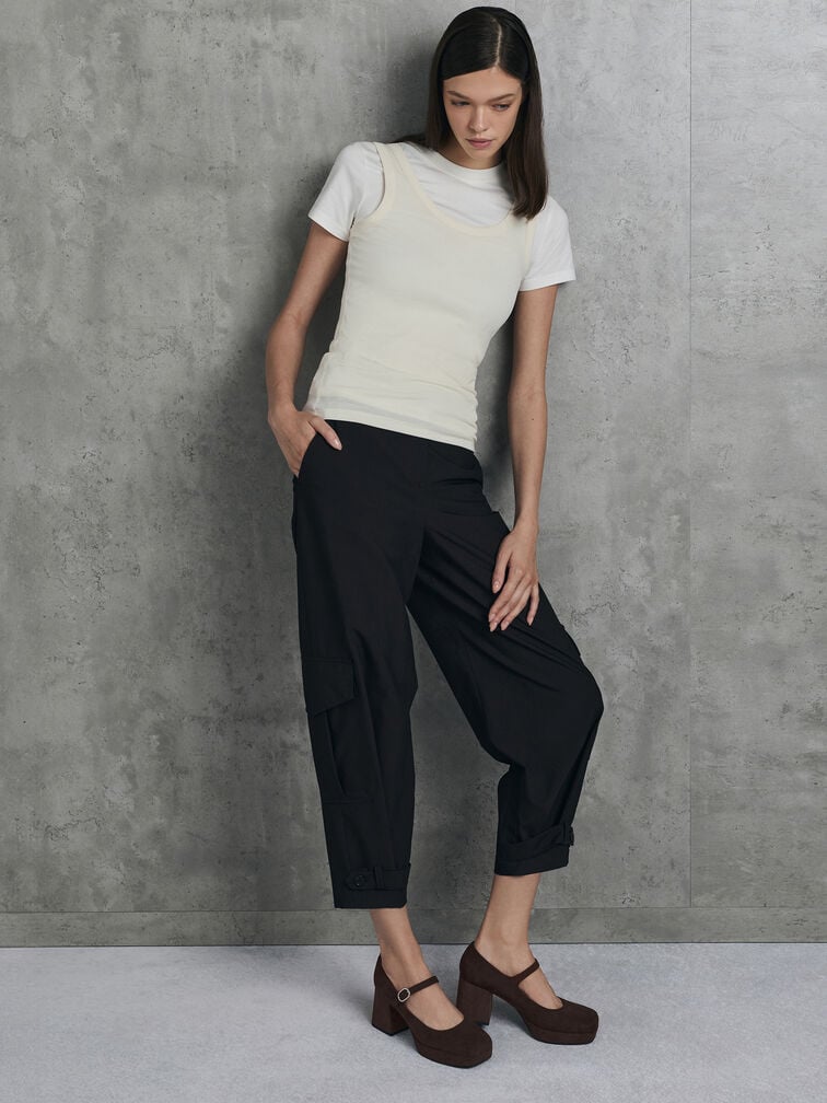 인조 스웨이드 플랫폼 블록 힐 메리제인 펌프스, 다크 브라운 텍스처드, hi-res