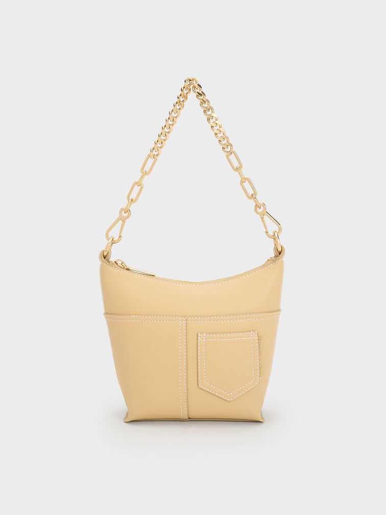 Bolso al hombro Anthea con detalle de puntadas, Beige, hi-res