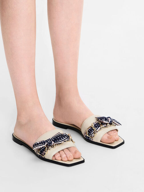Printed Fabric Scarf Leather Slide Sandals, Chalk, hi-res
