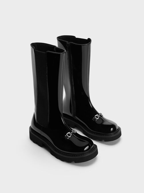 Girls' Metallic-Accent Chelsea Knee-High Boots, Black Box, hi-res