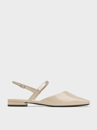 Patent Metallic-Accent Square-Toe Slingback Flats, Beige, hi-res
