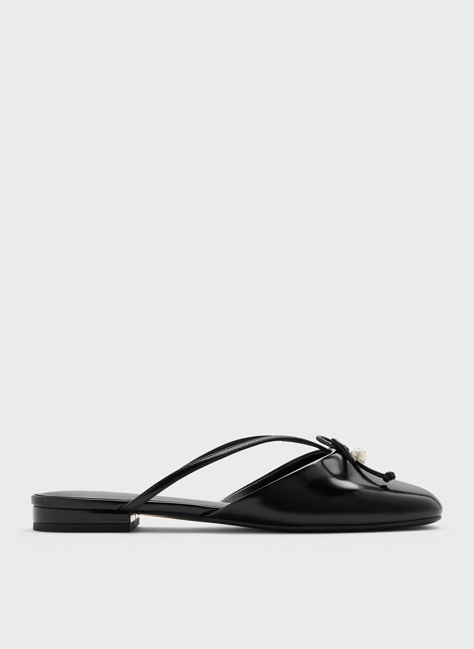 Pearl-Accent Bow Flat Mules, Black Box, hi-res