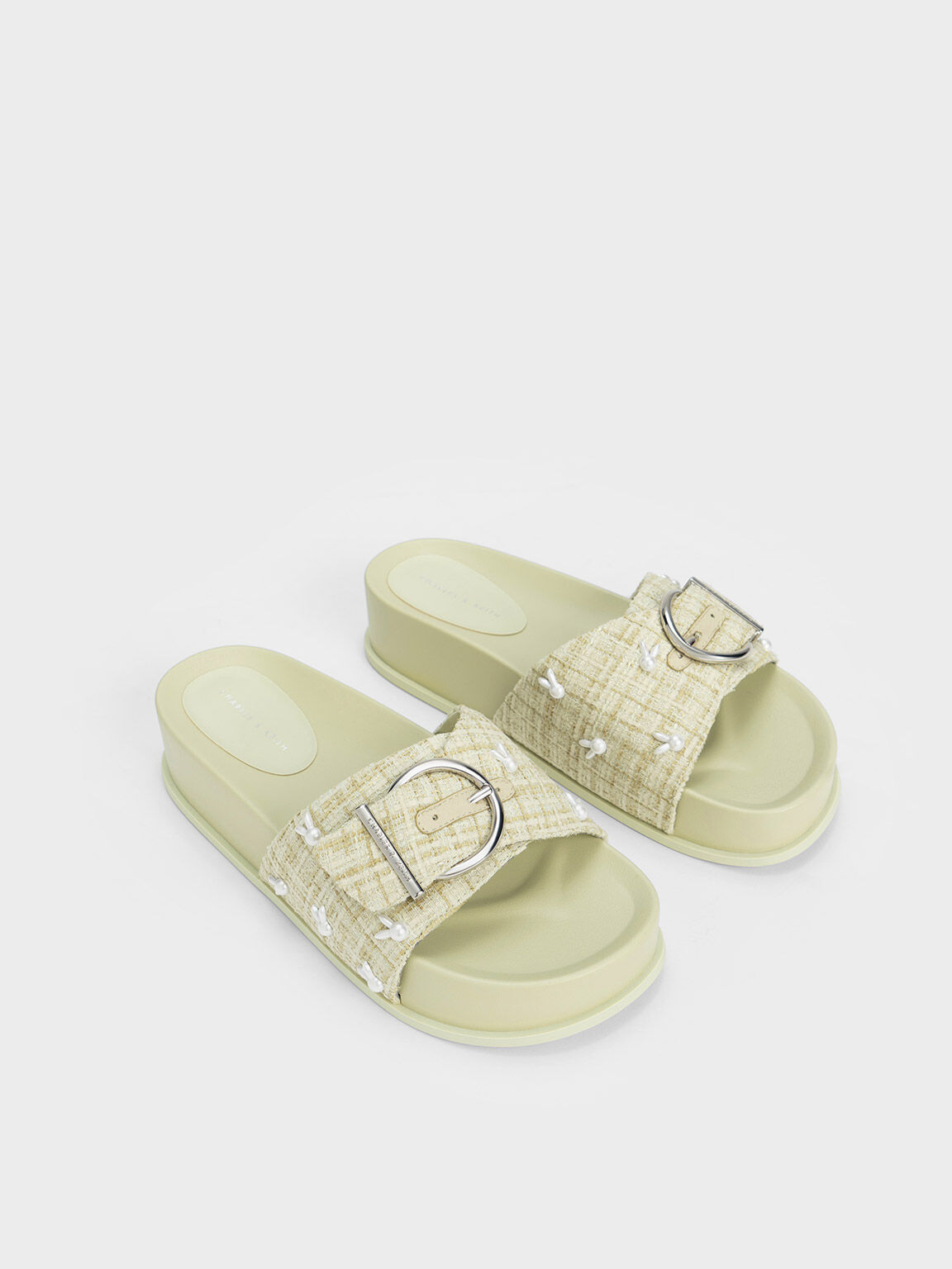 Bunny Tweed Buckled Slides, Green, hi-res