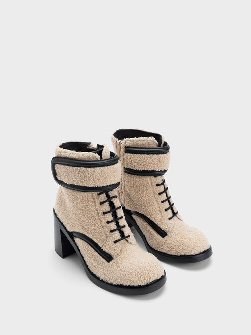 Rosalie Furry Leather Ankle Boots, Beige, hi-res
