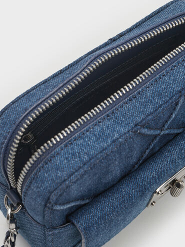 Bolso cruzado acolchado Eleni de denim con cremallera, Azul mezclilla, hi-res