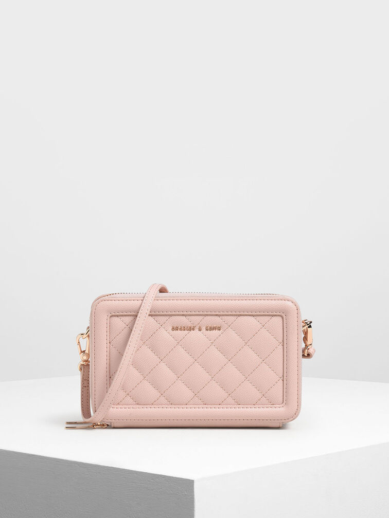 Quilted Long Zipper Wallet, Pink, hi-res