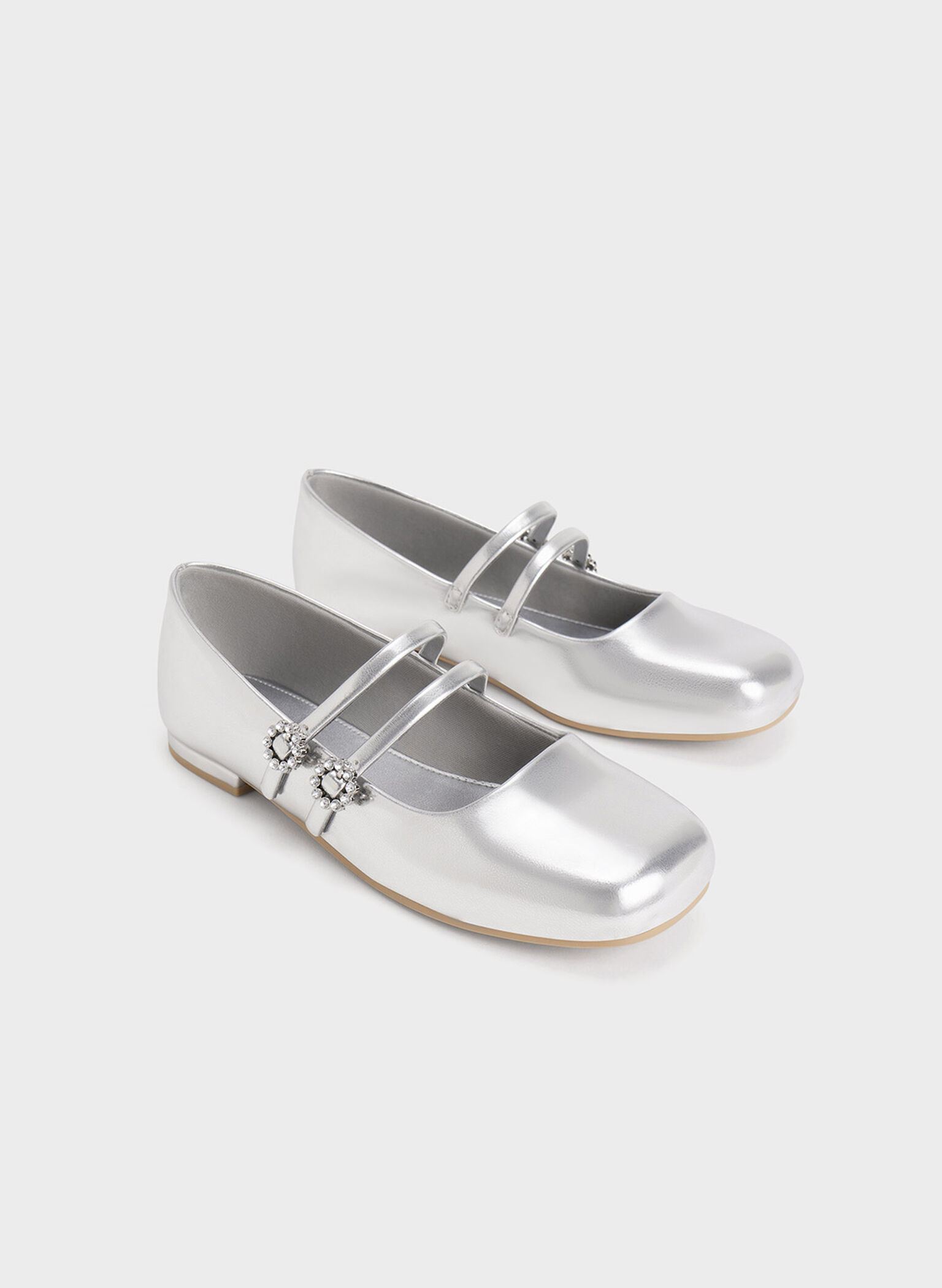 Mary-janes metalizados para niña con pedrería, Plateado, hi-res