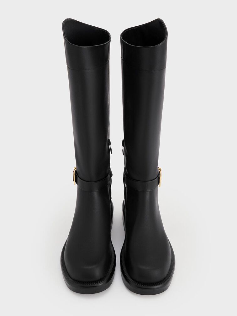Botas altas de cuero con tira con hebilla, Negro, hi-res