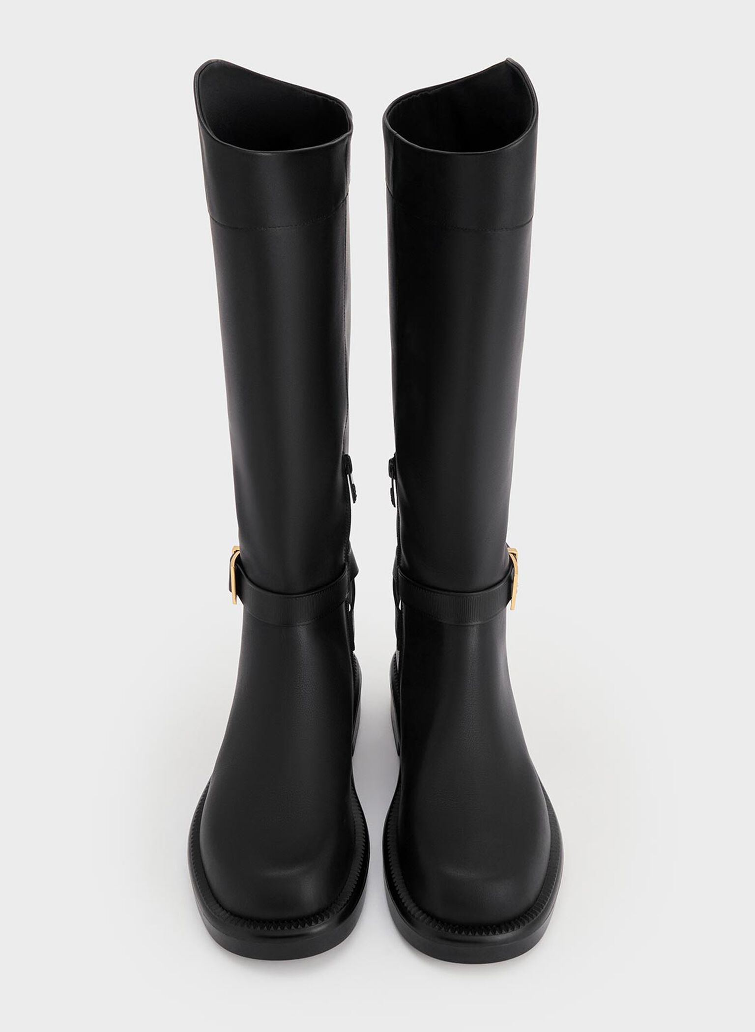 Leather Buckled-Strap Knee-High Boots, Black, hi-res