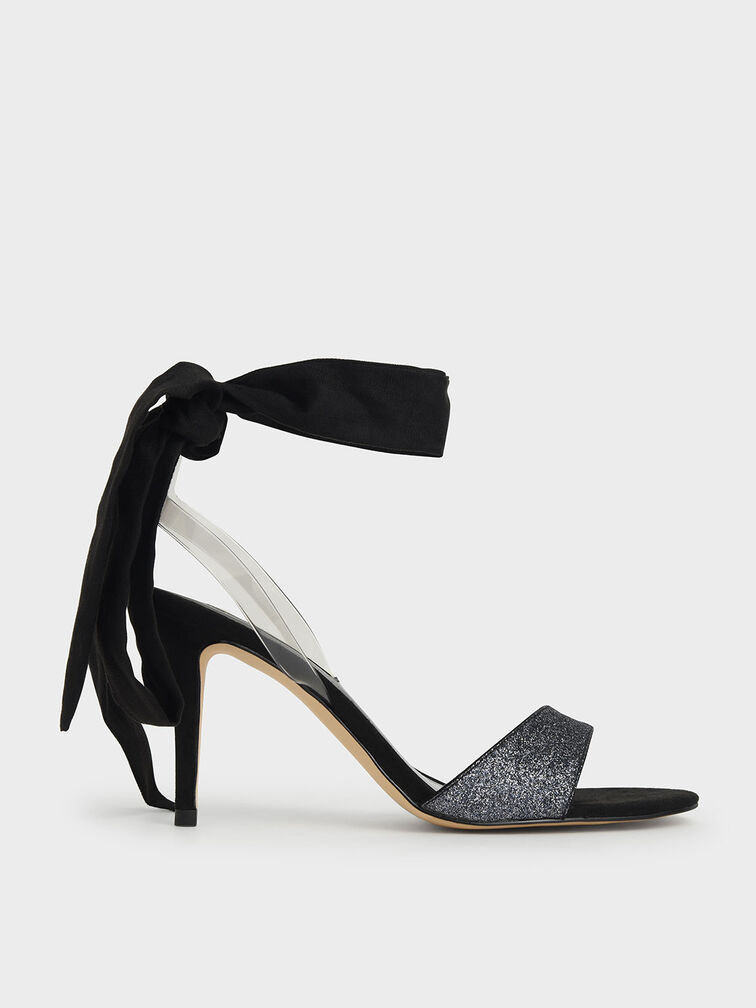 Glitter Ribbon Ankle-Tie Sandals, Black, hi-res