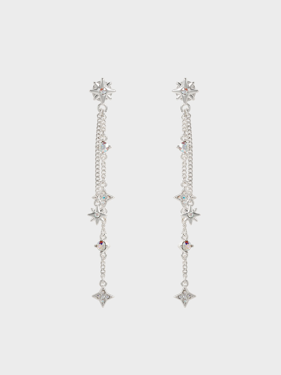 Star Motif Crystal-Embellished Drop Earrings, Silver, hi-res