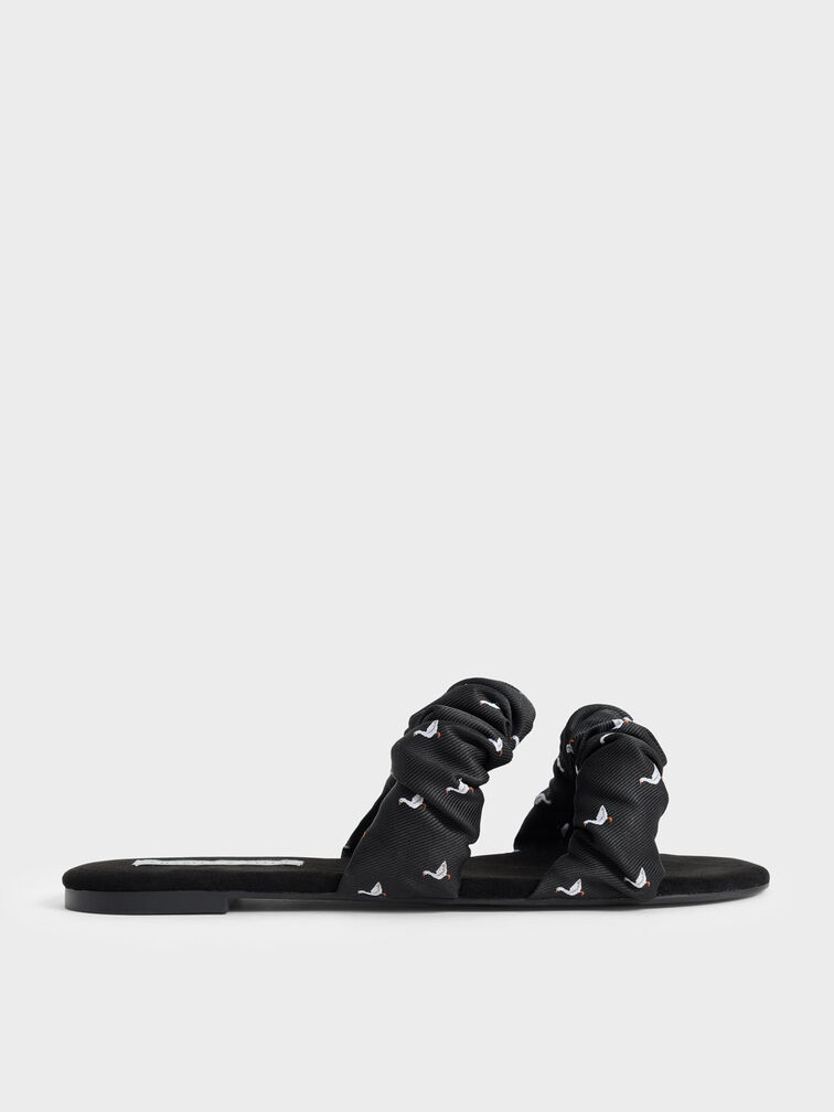 Jacquard Printed Ruched Strap Slide Sandals, Black Textured, hi-res