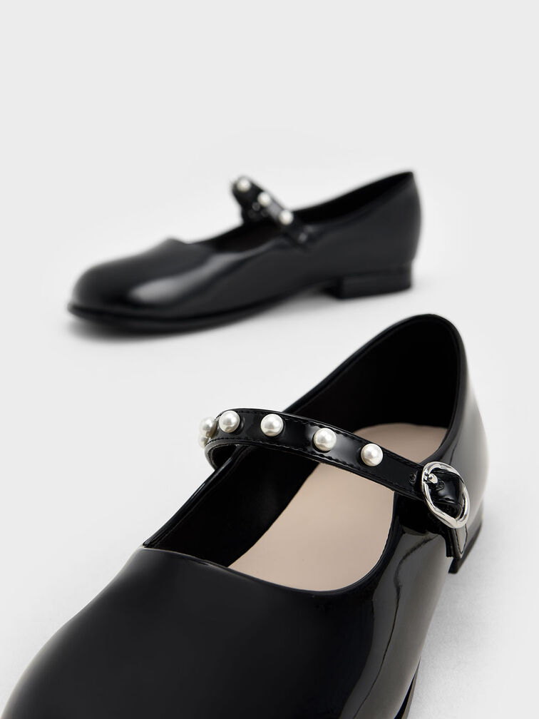 Girls' Patent Pearl-Embellished Mary Janes, Black, hi-res