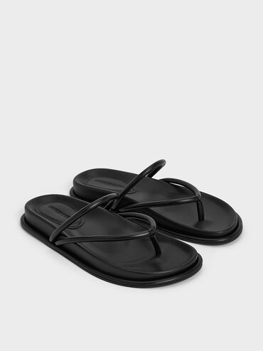 V-Strap Tubular Thong Sandals, Black, hi-res