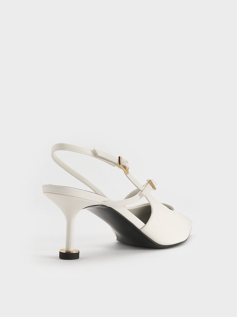 Buckled Sculptural-Heel Slingback Pumps, White, hi-res