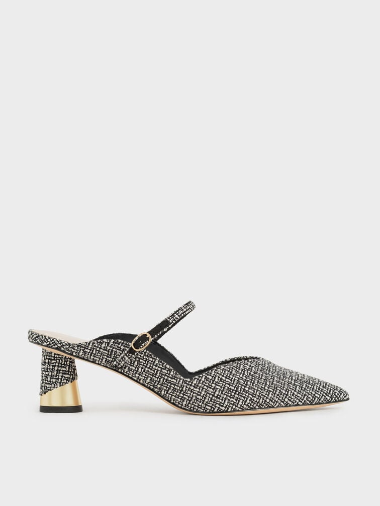 Metallic Sculptural Heel Tweed Mules, Multi, hi-res