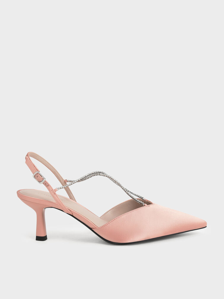 Recycled Polyester Gem-Strap Slingback Pumps, Blush, hi-res