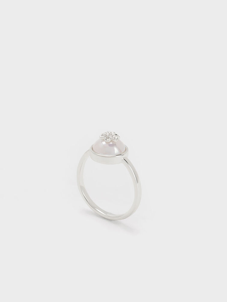 Anillo de perlas adornado con flores, Plateado, hi-res