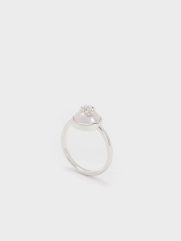 Flower-Embellished Pearl Ring, Silver, hi-res