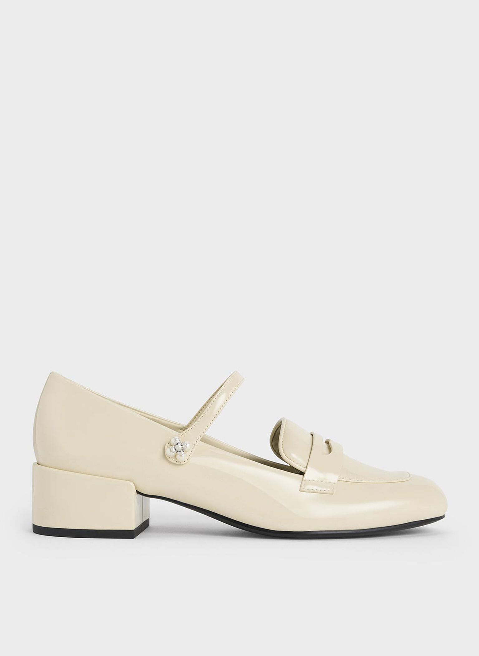 Patent Pearl-Embellished Flower-Buckle Mary Jane Loafers, Chalk, hi-res