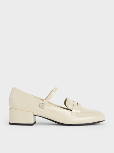 Patent Pearl-Embellished Flower-Buckle Mary Jane Loafers, Chalk, hi-res