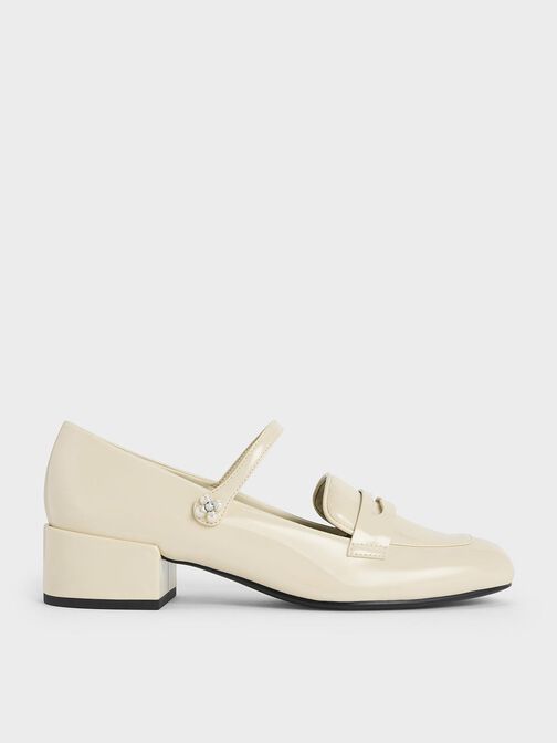 Patent Pearl-Embellished Flower-Buckle Mary Jane Loafers, Chalk, hi-res