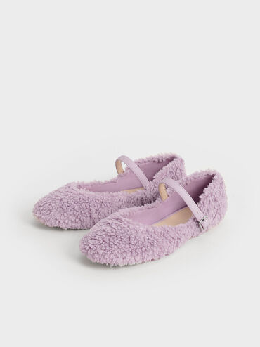 Girls' Furry Mary Jane Flats, Lilac, hi-res