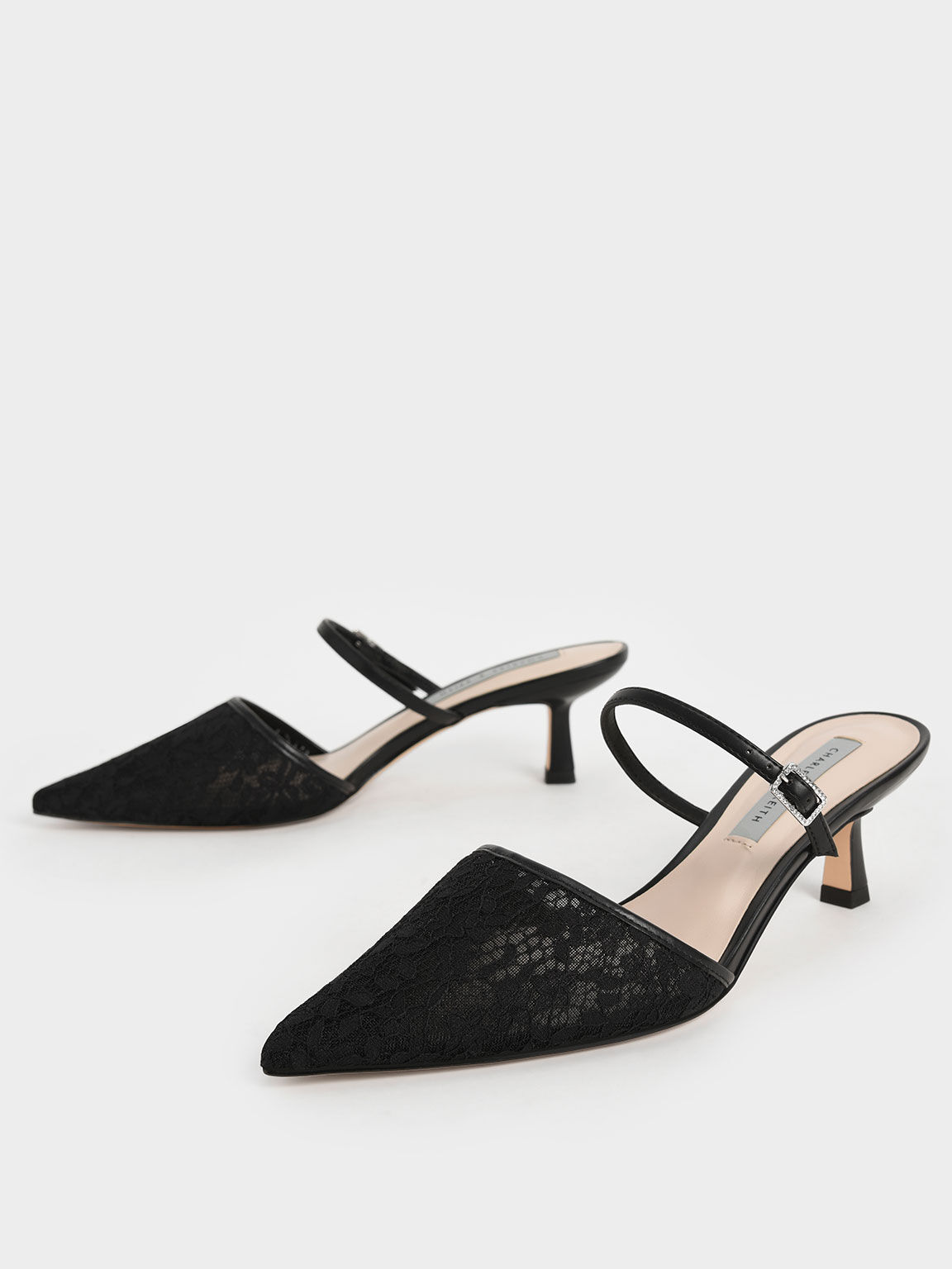 Lace & Mesh Embellished-Buckle Mules, Black, hi-res