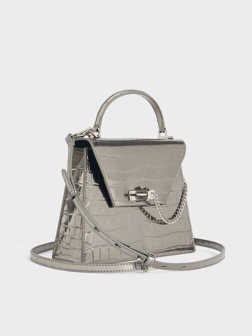 Samantha Metallic Croc-Effect Envelope Top Handle Bag, Pewter, hi-res