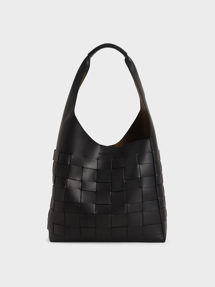 Woven Shoulder Bag, Black, hi-res