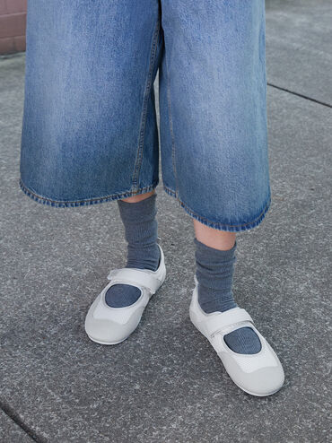 Mesh Contrast-Panel Mary Jane Sneakers, White, hi-res